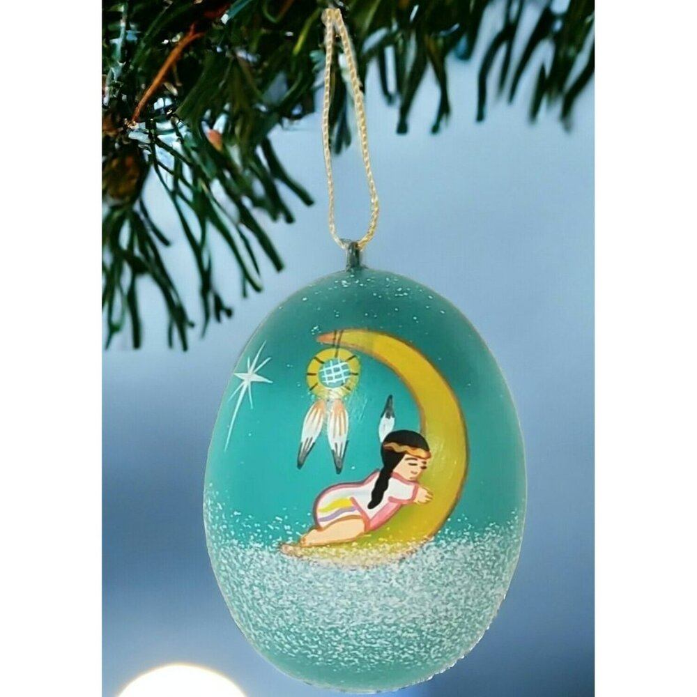 Native American Indian Girl Ornament Egg Southwest Christmas Moon Stars Feather